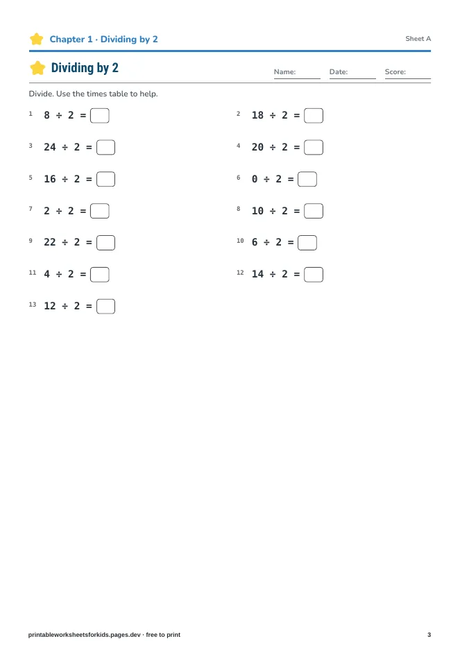 Division Facts Practice – Practice sheet