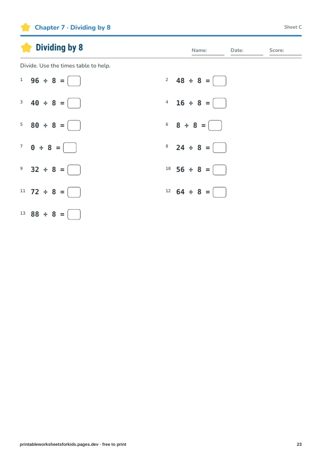 Division Facts Practice – Practice sheet