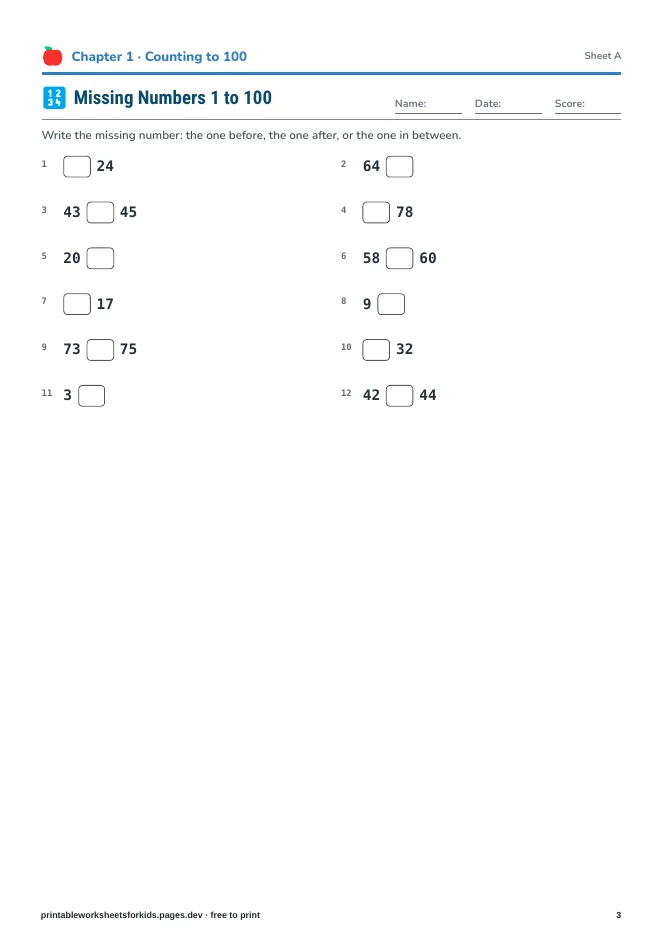 Grade 1 Math: Numbers & Place Value – Practice sheet
