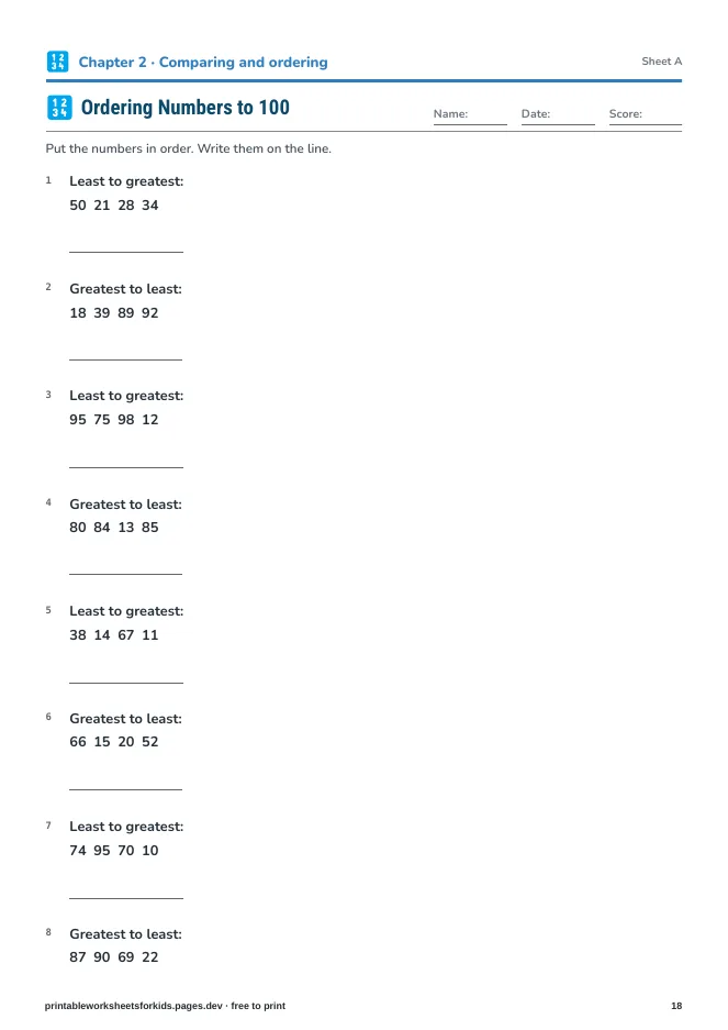 Grade 1 Math: Numbers & Place Value – Practice sheet