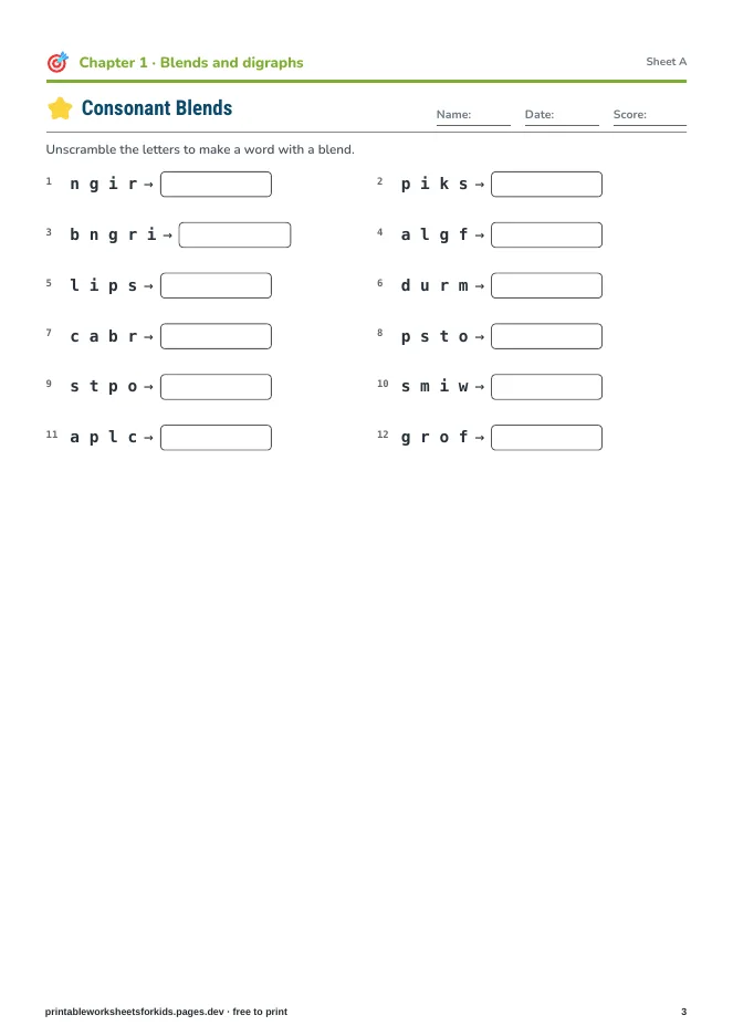 Grade 1 Reading & Phonics – Practice sheet