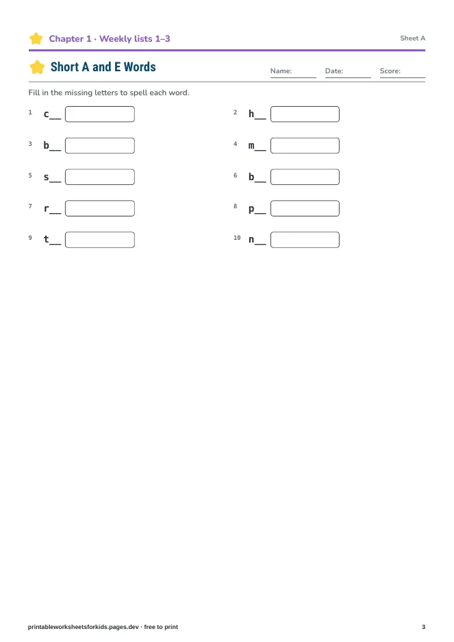 Grade 1 Spelling & Vocabulary – Practice sheet