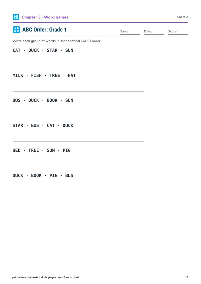 Grade 1 Spelling & Vocabulary – Practice sheet