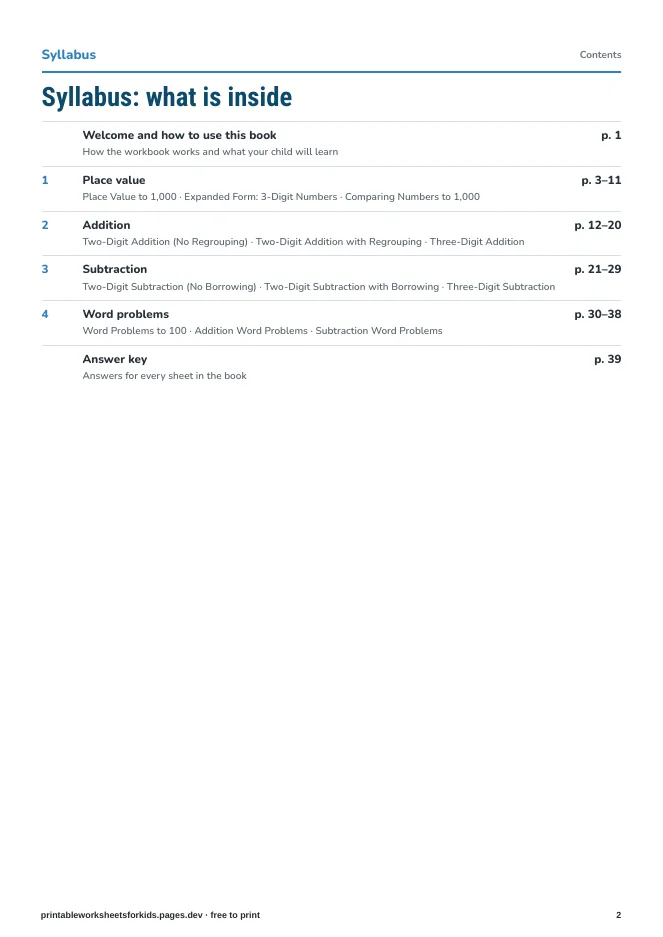 Grade 2 Math: Add & Subtract to 1000 – Syllabus
