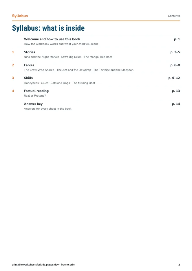 Grade 2 Reading Comprehension – Syllabus