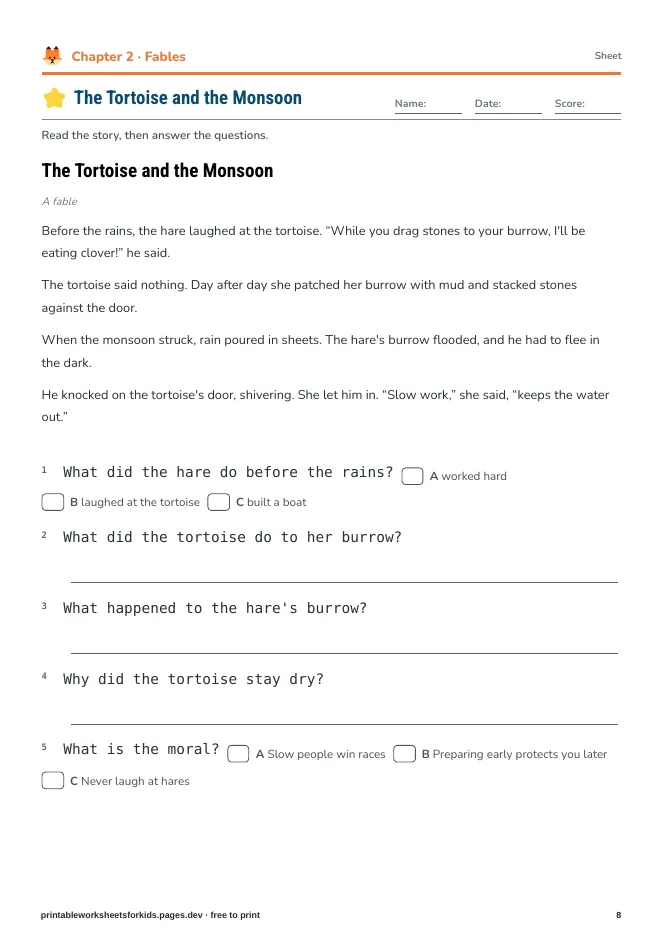 Grade 2 Reading Comprehension – Practice sheet