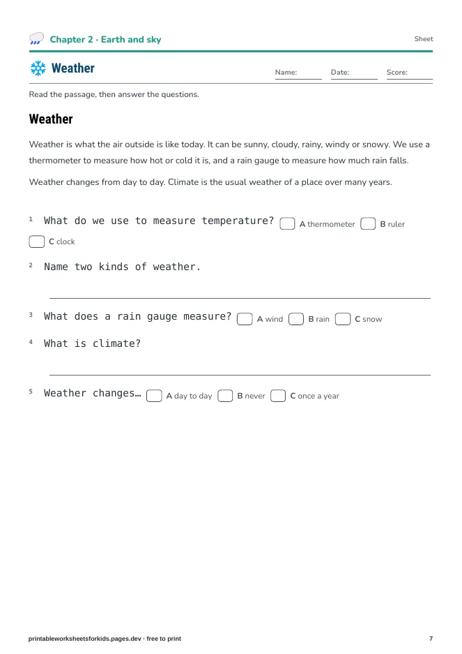 Grade 2 Science Explorers – Practice sheet