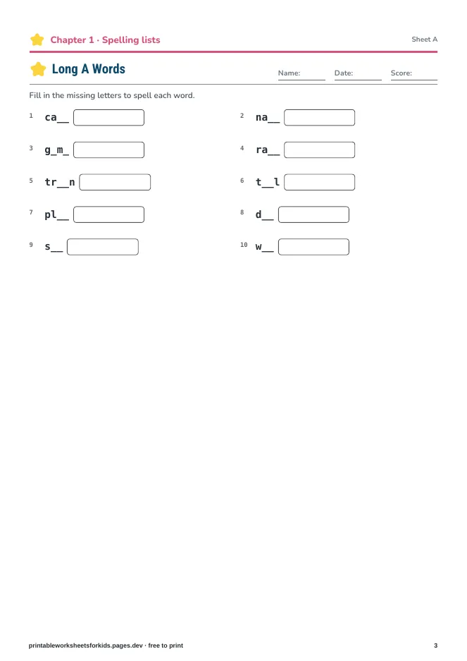 Grade 2 Spelling & Grammar – Practice sheet