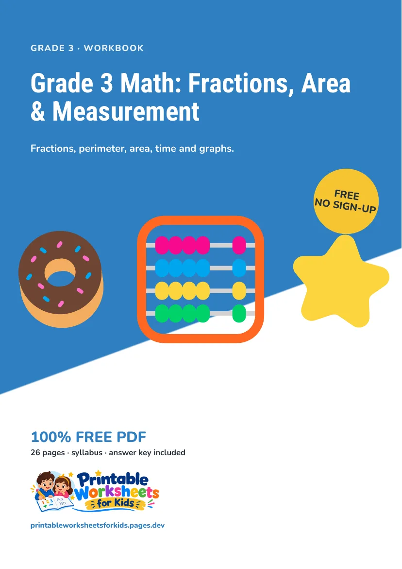 Grade 3 Math: Fractions, Area & Measurement workbook cover