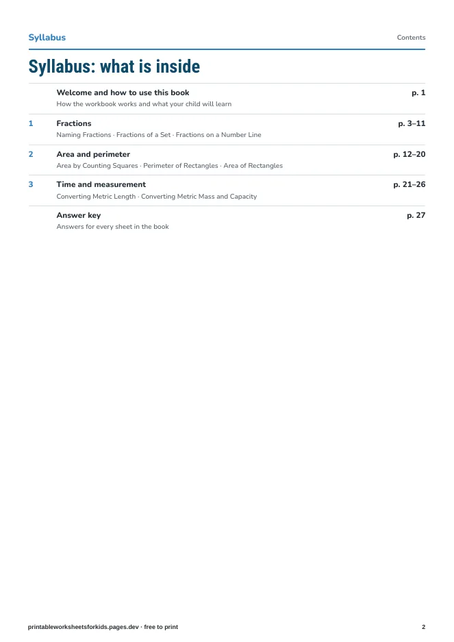 Grade 3 Math: Fractions, Area & Measurement – Syllabus