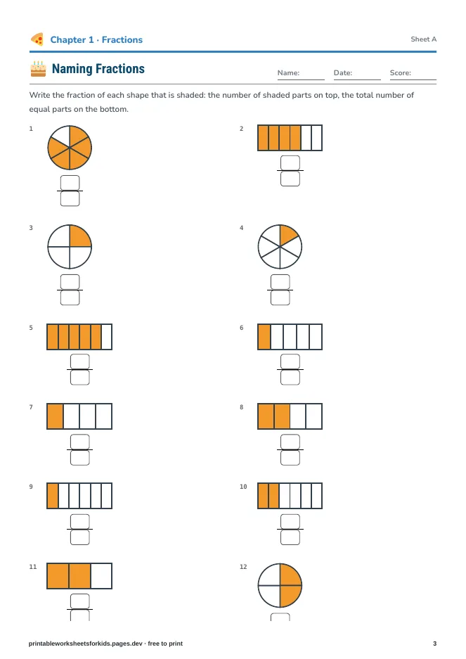 Grade 3 Math: Fractions, Area & Measurement – Practice sheet