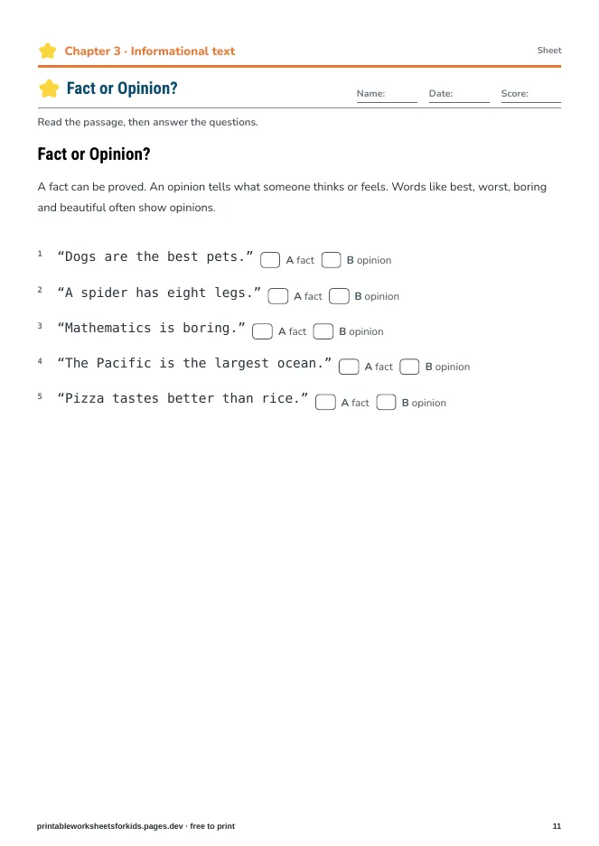 Grade 3 Reading & Writing – Practice sheet