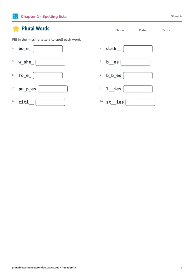 Grade 3 Spelling, Vocabulary & Grammar – Practice sheet