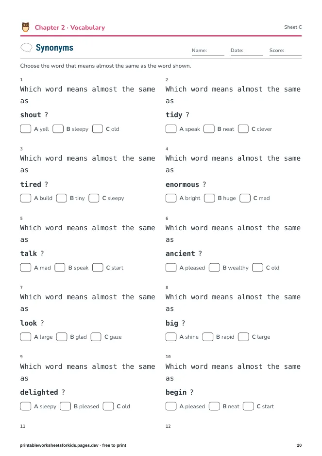 Grade 3 Spelling, Vocabulary & Grammar – Practice sheet