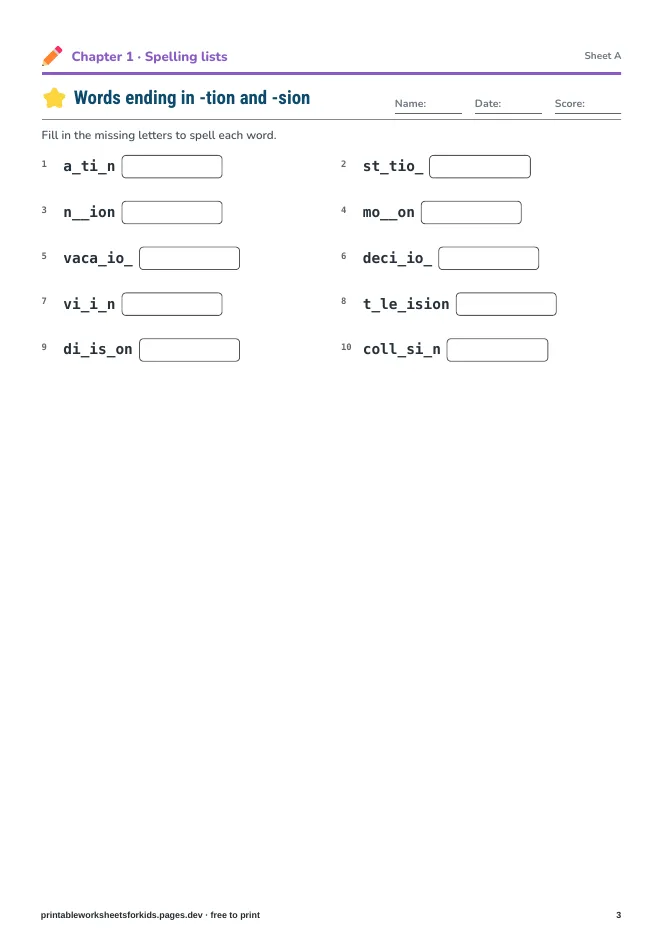 Grade 4 Spelling & Vocabulary – Practice sheet