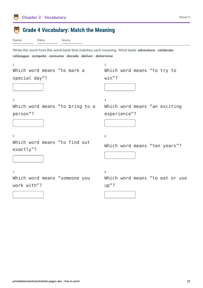 Grade 4 Spelling & Vocabulary – Practice sheet