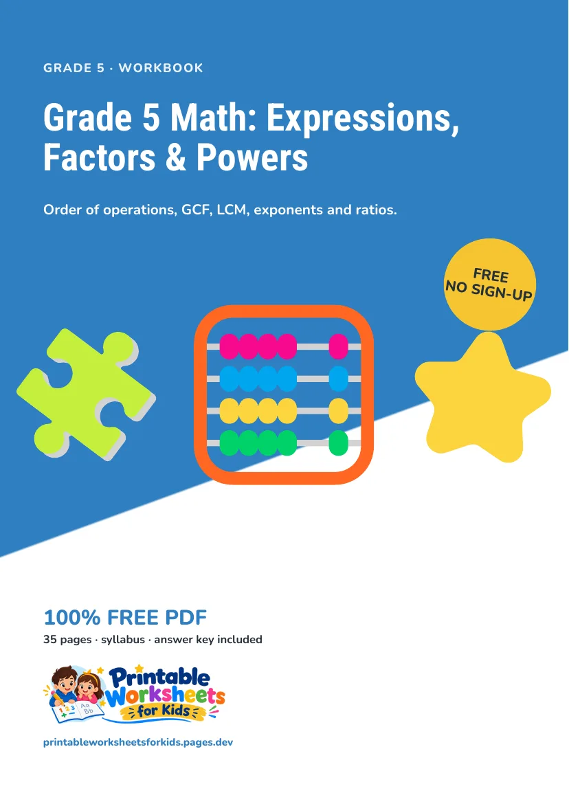 Grade 5 Math: Expressions, Factors & Powers workbook cover