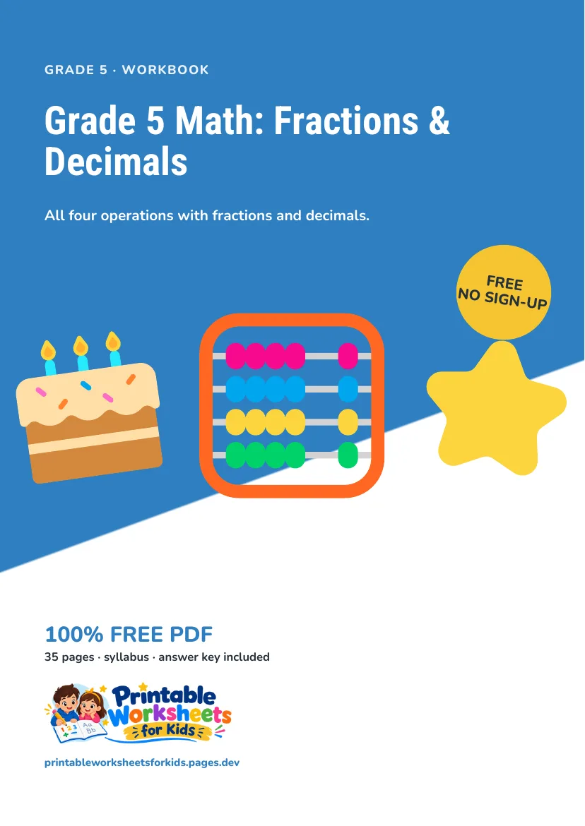 Grade 5 Math: Fractions & Decimals workbook cover