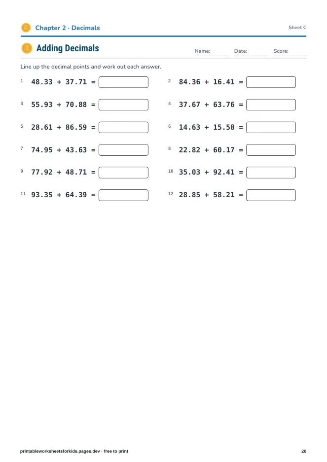 Grade 5 Math: Fractions & Decimals – Practice sheet