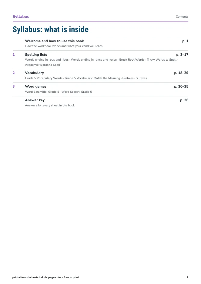 Grade 5 Spelling & Vocabulary – Syllabus