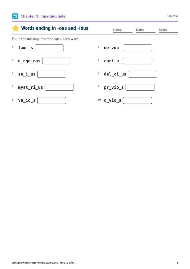 Grade 5 Spelling & Vocabulary – Practice sheet