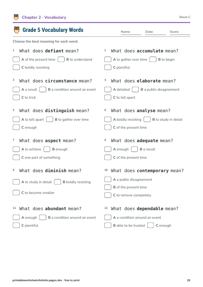 Grade 5 Spelling & Vocabulary – Practice sheet