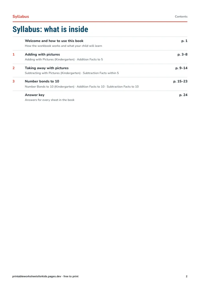 First Addition & Subtraction – Syllabus