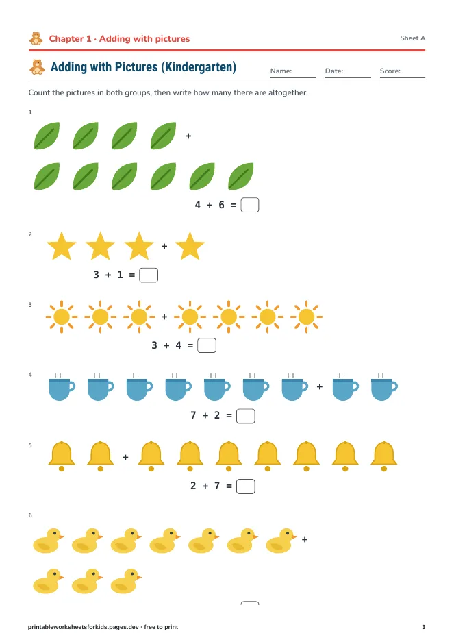 First Addition & Subtraction – Practice sheet