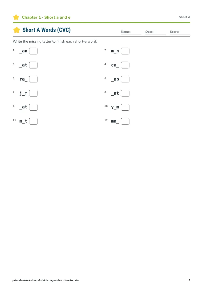 Learn to Read: Short Vowels – Practice sheet