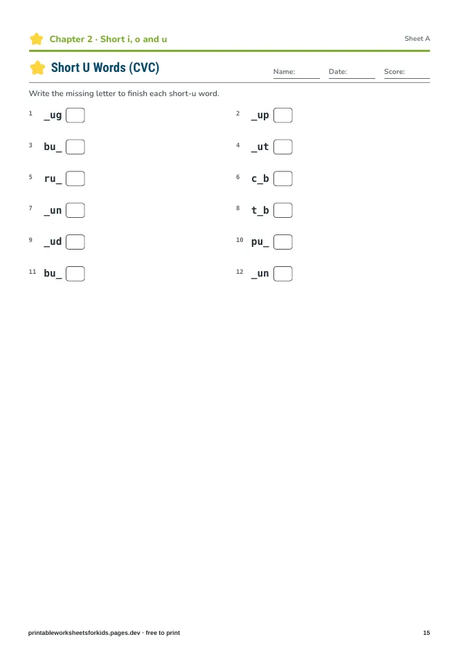 Learn to Read: Short Vowels – Practice sheet
