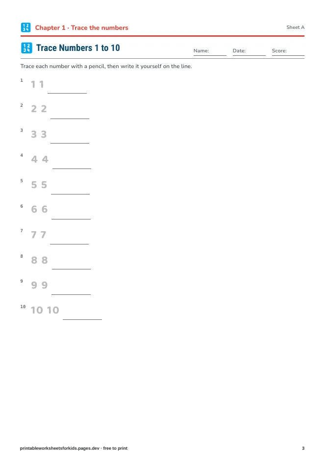 Numbers 1 to 20 – Practice sheet