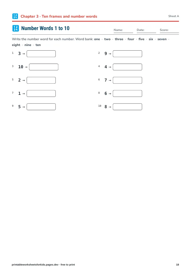 Numbers 1 to 20 – Practice sheet